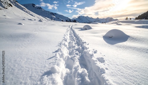 Walking Trail Through Snowy Mountain Landscape on Sunny Day