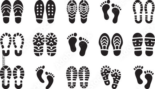 Set of human footprint silhouettes including adult shoes, bare feet, baby steps, and hiking boots in flat vector style on white background, modern layout for signage, app UI, and infographics