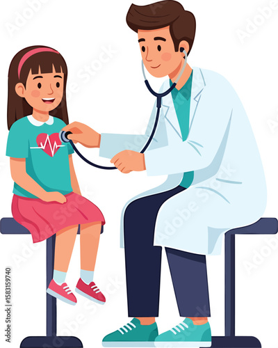 A doctor examines a young girl with a stethoscope, a scene of a pediatric medical checkup.