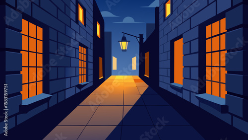 A Twilight Alley Features Glowing Windows Set in an Old and Quaint Brick Wall