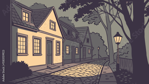 A Peaceful Village Alley is Gently Illuminated by the Soft Glow of Warm Lamplight