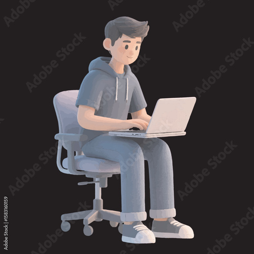3D Male Developer with Laptop – Flat Cartoon Tech Character Icon