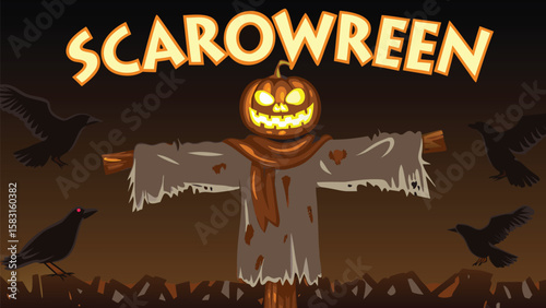 Illustration of a scarecrow with a pumpkin head and crows under the word scarowreen text