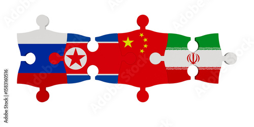 North Korea, Iran, China and Russian flags on white background. Isolated 3D illustration