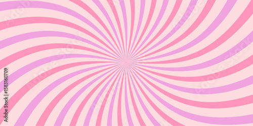 Pink candy color sunburst background with swirling radial stripes. Fun ice cream swirl design. Perfect for sweet themes, party invitations, or kawaii style projects. Vector illustration.