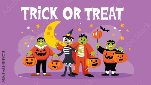 Illustration of children in halloween costumes trick or treating under a crescent moon and stars
