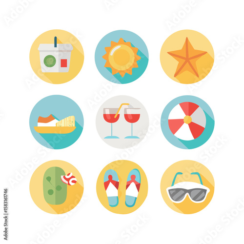 Colorful Beach and Summer Themed Icon Set in Flat Design Style