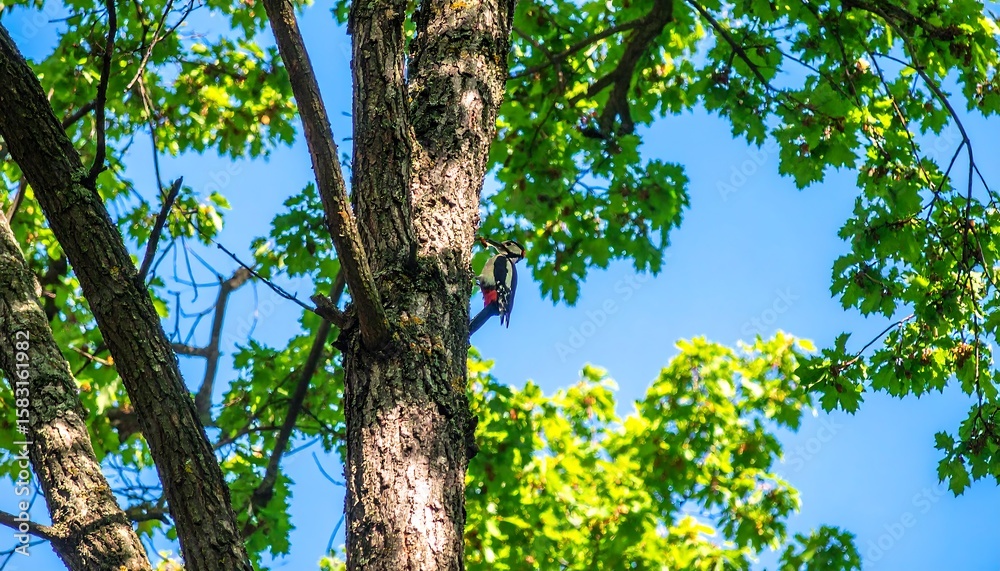 Fototapeta premium Woodpecker on tree trunk (1)