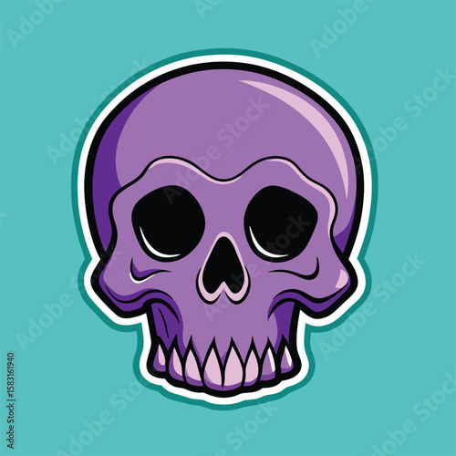 A cartoon skull with purple coloring is displayed against an aqua background