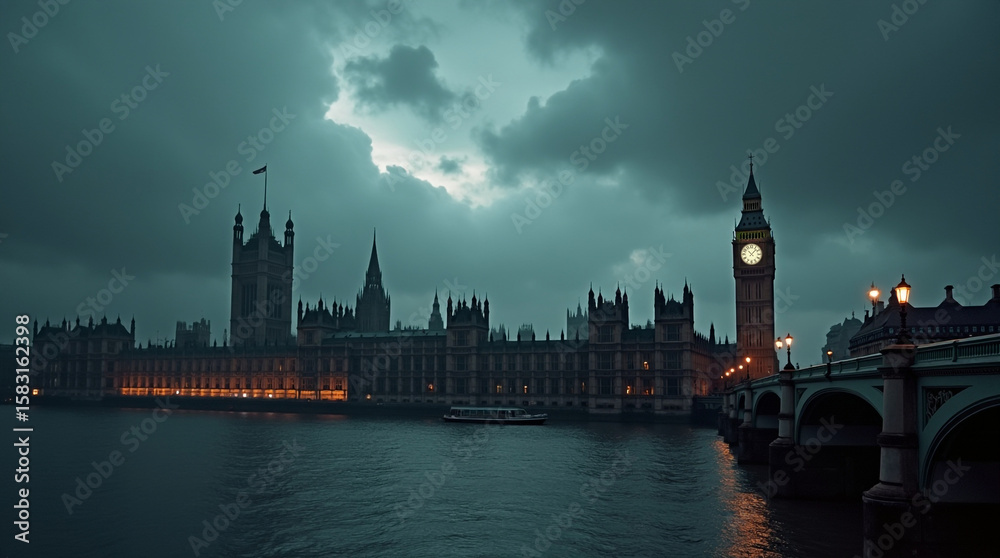 Fototapeta premium Iconic london landmark illuminated under dramatic cloudy sky parliament river
