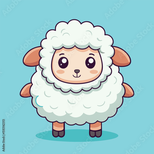 A cute fluffy sheep stands peacefully on a light blue background looking forward happily