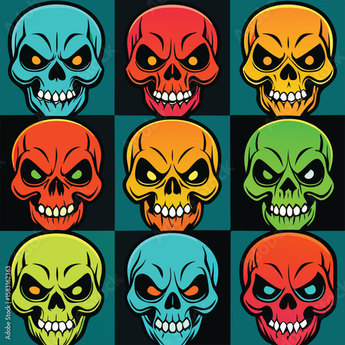 A colorful skull collection shows varied hues and styles, creating a bold, eyecatching pattern