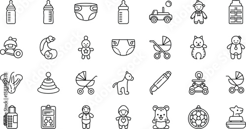 Vector art of a collection of thin line icons representing babyrelated items such as bottles, diapers, toys, and strollers, all isolated on white background