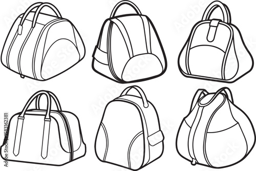 Set of tennis bag outline vector illustration, line art