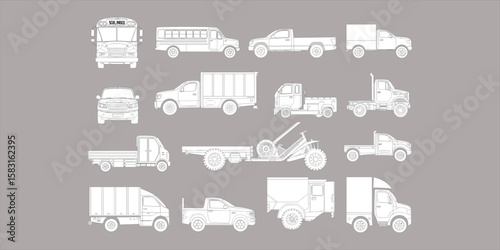 Various truck vehicle outlines, cargo truck vector set, front and side view transport sketches, delivery van blueprint, heavy duty utility vehicle design drawing
