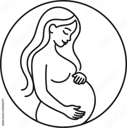 Stylized pregnant woman embracing her belly in a circular outline silhouette isolated on transparent background
