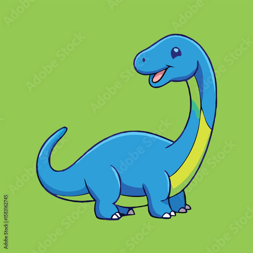 A cartoon blue brontosaurus with a yellow stripe smiling sits against the green background
