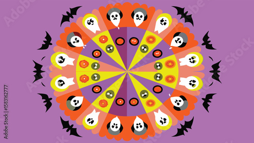 A halloween themed circular design with ghosts bats and candy on a purple background color scheme