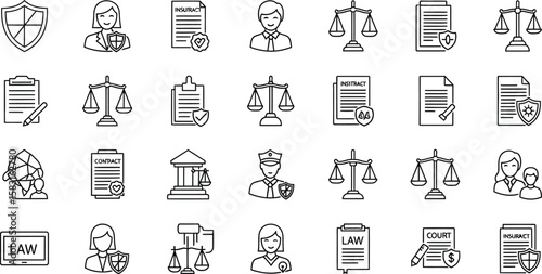 Vector art of a comprehensive collection of law and justice icons isolated on white background, featuring scales, contracts, and legal professionals