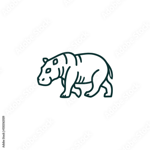 Simple line art illustration of a hippo walking, showcasing minimalist design. Suitable for educational materials, wildlife projects, and graphical decor. Perfect for vector art enthusiasts.