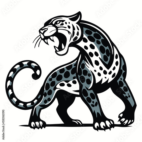 A black and grey jaguar roars fiercely while it stands on its paws