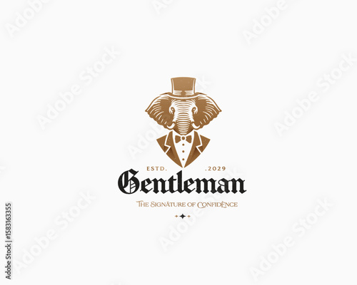 Gentleman elephant wearing a top hat as business man logo template