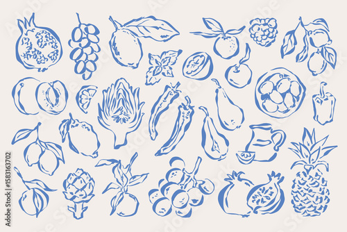 Coastal living hand drawn illustration collection. Food and beverage doodles. Art for postcards, menu, print posters, packaging design.