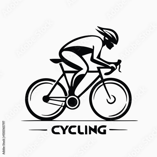 A cyclist wearing helmet rides his bicycle, and cycling is written below, transparent background