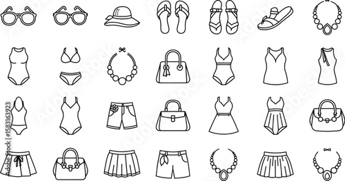Vector art of a collection of summer fashion and beachwear icons isolated on white background represents the essence of vacation style and trendy apparel