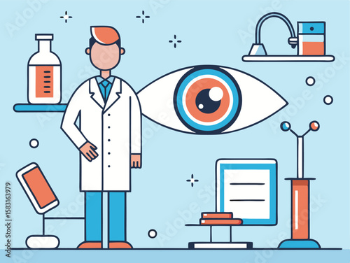 A cartoon doctor stands among optometry equipment and a giant eye illustration