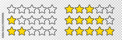 Five yellow stars on a white background - vector rating and feedback button. Gold stars on a white background, ideal for rating and feedback