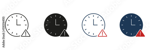 Clock With Warning Triangle Line And Solid Icon Set. Time Management, Deadline Alert, And Schedule Warning Silhouette Symbol Collection. Urgency And Caution. Isolated Vector Illustration