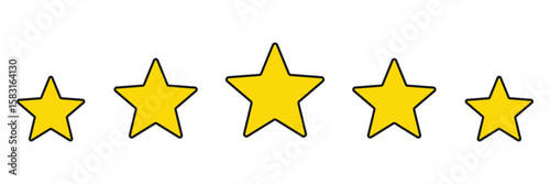 Functional interface element: five yellow stars on a white background. Vector illustration: rating button with five yellow stars. White background, focus on feedback
