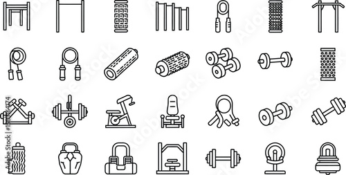 Vector art of a collection of fitness and gym equipment icons for strength training and exercise isolated on white background