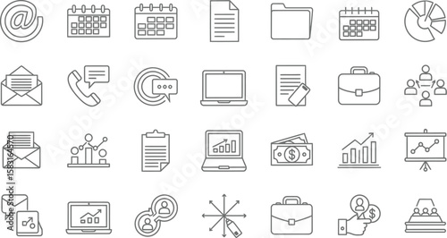 Vector art of a set of business and office icons isolated on white background, representing various aspects of work, communication, and finance