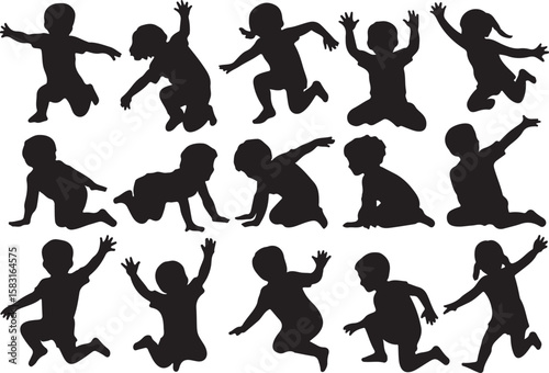 Collection of silhouettes of children in various playful poses isolated on transparent background silhouette