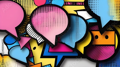 High-quality Pop-art speech bubbles with halftone dots, bold black outlines, and vibrant cartoon colors—isolated on a transparent background for playful, dynamic design use.