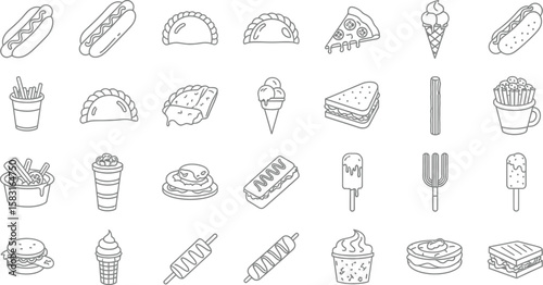 Vector art of a variety of fast food icons are isolated on white background, including hotdogs, empanadas, pizza, ice cream, fries, sandwiches, crepes, and popsicles
