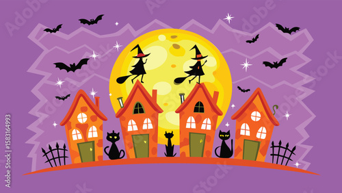 Cartoon halloween scene with witches flying over houses and black cats under a bright moon