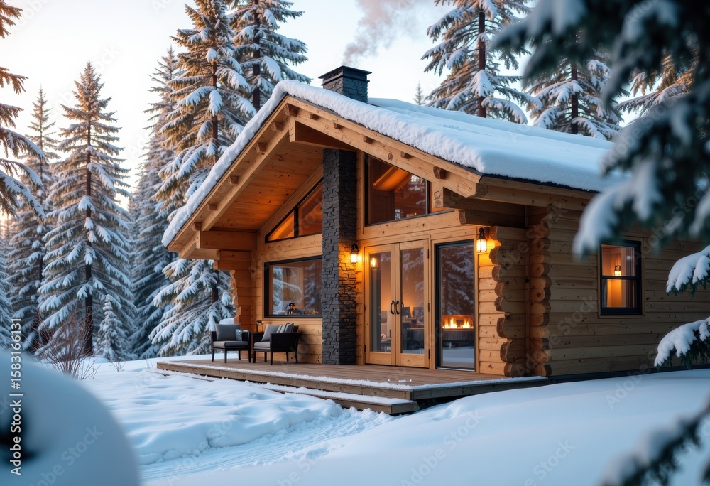 Cozy wooden cabin with warm lighting nestled in snowy forest landscape Cozy wooden cabin with warm lighting nestled in snowy forest landscape