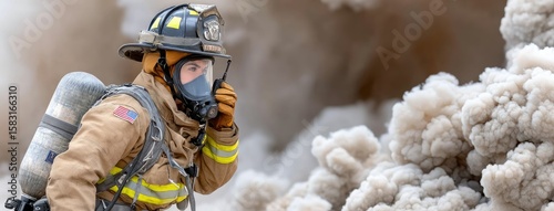Firefighter communicating through a walkie-talkie amidst a smoke-filled environment during a rescue operation at a disaster site