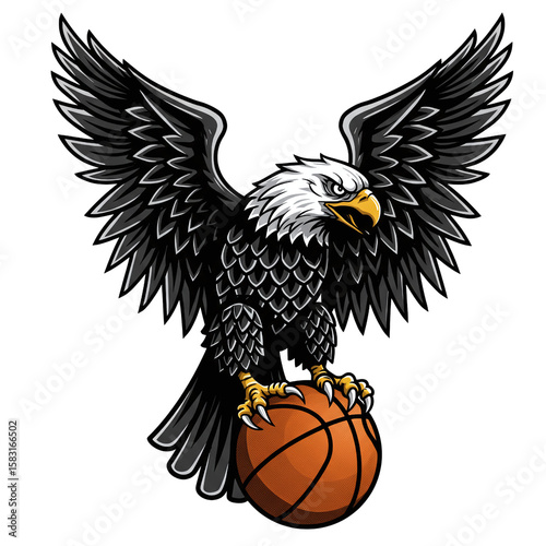 Bold Black and White Eagle with Yellow Beak and Claws Dribbling Orange Basketball