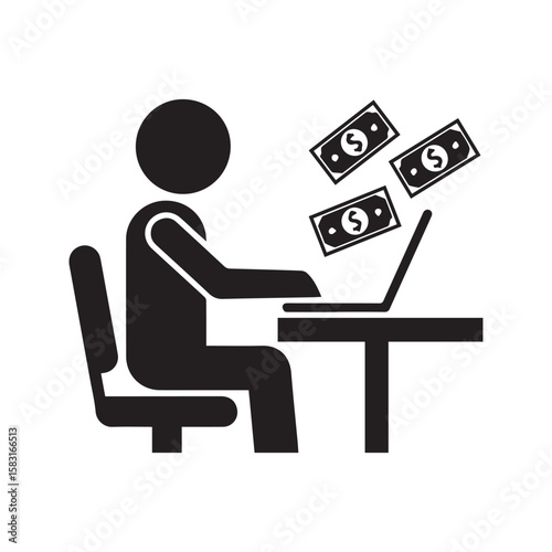 Make money online icon, pictogram of a person at a desk earning income from a laptop computer.