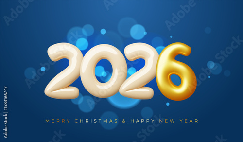 New year greeting card. Cartoon 3d numbers, 2026 holiday congratulations, plump voluminous shapes, counting figures, Christmas banner design, xmas invitation poster classy vector concept
