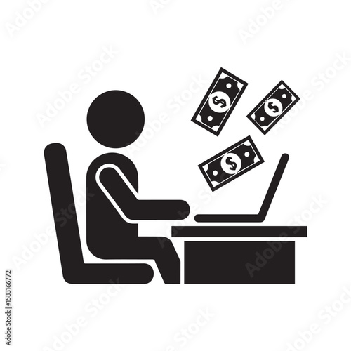 Make money online icon, pictogram of a person at a desk earning income from a laptop computer.