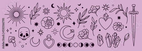 Mystic linear elements. Boho doodle symbols, magical trendy line signs, minimalist tattoos designs, contour mystery tarot objects, sun, moon and scull, art bohemian garish vector isolated set