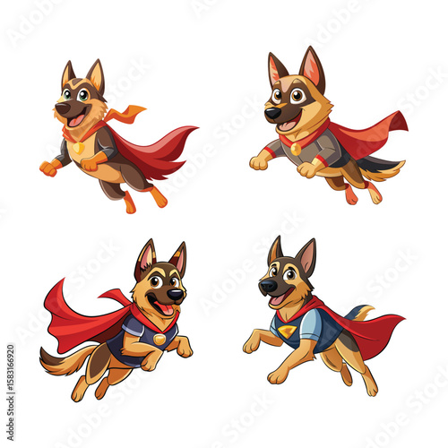 German Shepherd Superhero Flying Vector Illustration, Brave Dog in Cape, Powerful Hero Dog Artwork, Dynamic Pet Hero Design for Kids and Animal Lovers