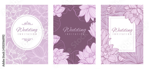 Event invitations with fine lotus. Hand drawn linear flowers, luxury floral wedding templates, gentle botanical cards, pink line lily, spring summer bouquet background splendid vector set