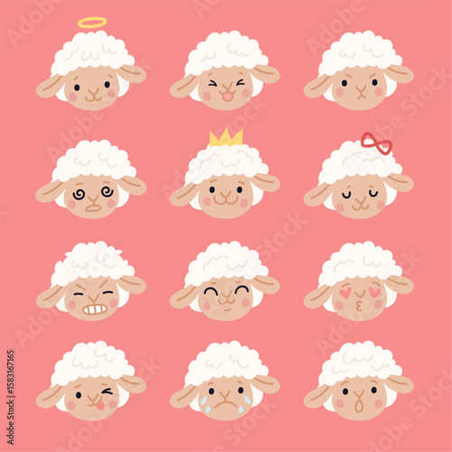 Cute sheeps emoji. Funny curly lamb heads, different emotions, fluffy farm animal character, negative and positive mood, happy, angry and crying, cartoon flat isolated garish vector set