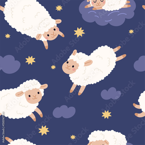 Cute sheep seamless pattern. Funny lambs in evening sky with stars and clouds, good night, counting jumping sheep textile, wrapping paper, wallpaper. Print for fabric garish vector background